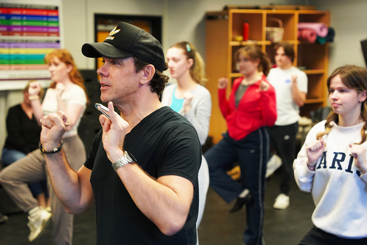 Broadway performer, director and choreographer James Gray leads musical theatre students at Middle Tennessee State University in Murfreesboro, Tenn., through an audition-style dance workshop in the Boutwell Dramatic Arts Building on Feb. 24, 2026. The session provided professional feedback and preparation ahead of upcoming industry auditions. (MTSU photo by Mike Davis)