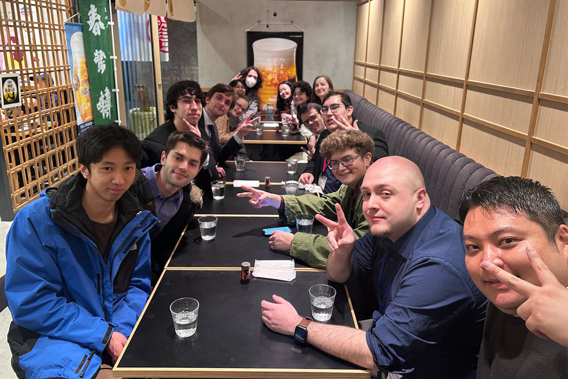 Middle Tennessee State University Japanese major Jordyn Caudle, of Nashville, Tenn., second from far right, was chosen by the Japan Ministry of Foreign Affairs to participate in the prestigious 2025 Kakehashi Project in February. The cohort, seated at a restaurant in Japan, was comprised of five students from Canada and 10 from the United States who were handpicked to participate in the program. (Submitted photo)