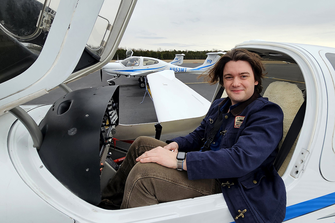 In this spring 2025 semester photo, Middle Tennessee State University aerospace major John Farris, of Columbia, Tenn., sits in the cockpit of an MTSU aircraft parked on the ramp at the Murfreesboro, Tenn., Municipal Airport. (MTSU photo by Robin E. Lee)