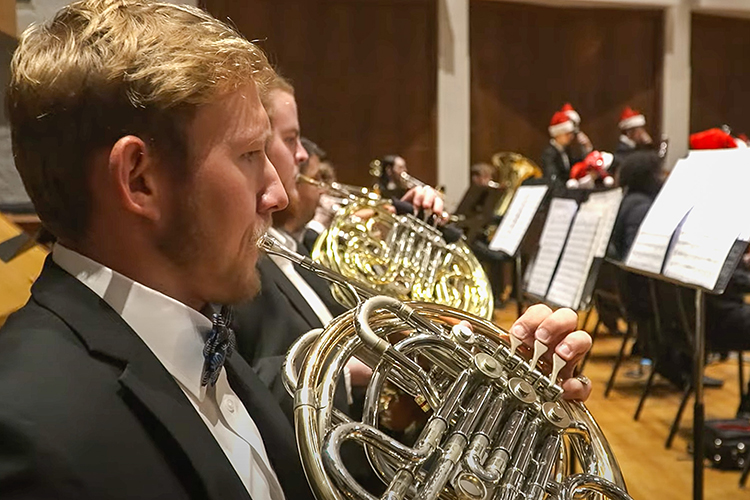 Members of Middle Tennessee State University’s Symphony Orchestra perform “Sleigh Bells” from the 2023 “Joys of the Season” holiday-themed arts showcase from the College of Liberal Arts, premiering Monday, Dec. 4, on the university’s True Blue TV, Facebook page and YouTube channel. The 30-minute program will air all month on True Blue TV and other area media outlets. (MTSU screenshot)