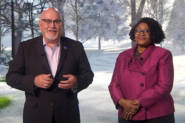 Andrew Oppmann, left, Middle Tennessee State University vice president for marketing and communications, and Leah T. Lyons, dean of MTSU’s College of Liberal Arts, co-host the college’s 2023 “Joys of the Season” holiday-themed arts showcase, premiering Monday, Dec. 4, on the university’s True Blue TV, Facebook page and YouTube channel. The 30-minute program will air all month on True Blue TV and other area media outlets. (MTSU screenshot)