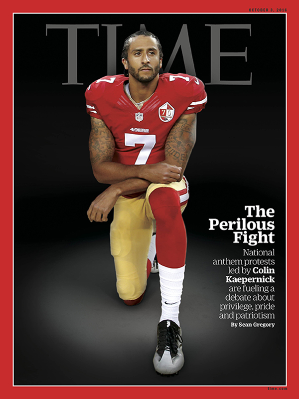 NFL quarterback Colin Kaepernick is depicted on the cover of the Oct. 3, 2016, edition of Time magazine after he and other players began kneeling during the playing of the national anthem at games to protest racism and excessive use of force by police. (Cover courtesy of Time magazine)