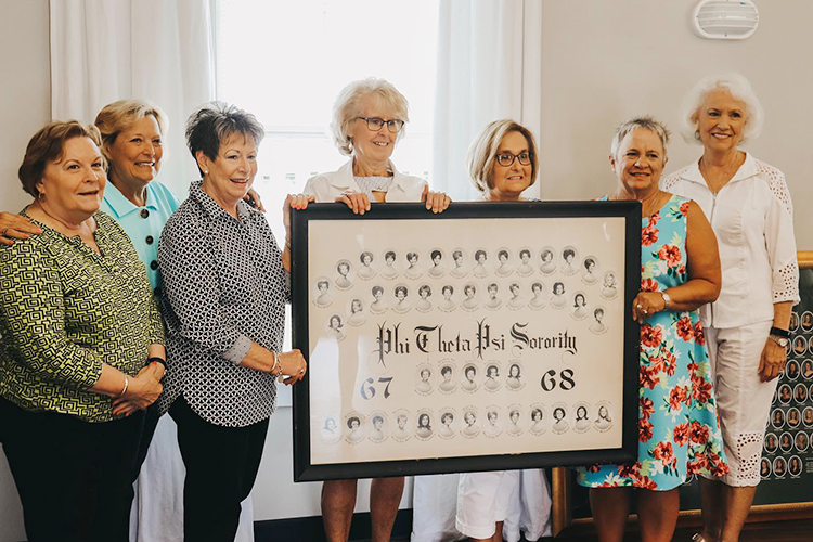 Charter members of the Delta Pi Chapter of Kappa Delta National Sorority at MTSU display the first composite of member photos of Phi Theta Psi during an event in the Kappa Delta 50th anniversary weekend celebration May 31-June 2. The Delta Pi Chapter got its start at MTSU as Phi Theta Psi. It was installed as the Delta Pi Chapter of Kappa Delta in March 1969 and has initiated more than 1,500 MTSU women since its 1969 founding. (photo submitted)