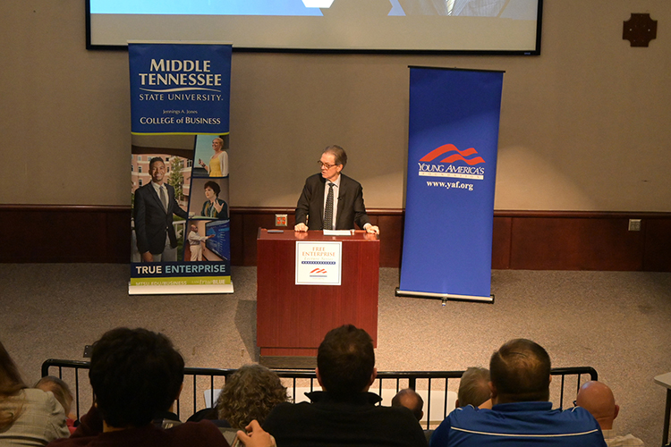 Former presidential economic adviser Arthur Laffer discusses the economic outlook of the country under President Donald J. Trump during a free talk at Middle Tennessee State University on March 26. Open to the public, the talk and Q&A session was held in Room S102 of the Business and Aerospace Building on the MTSU campus in Murfreesboro, Tenn. (MTSU photo by Jordan Reining)