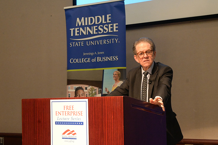 Former presidential economic adviser Arthur Laffer speaks to the audience about the economic landscape shaped by President Donald J. Trump at Middle Tennessee State University on March 26 in Room S102 of the Business and Aerospace Building on the MTSU campus in Murfreesboro, Tenn. The free talk was open to the public and was followed by a Q&A session. (MTSU photo by Jordan Reining)