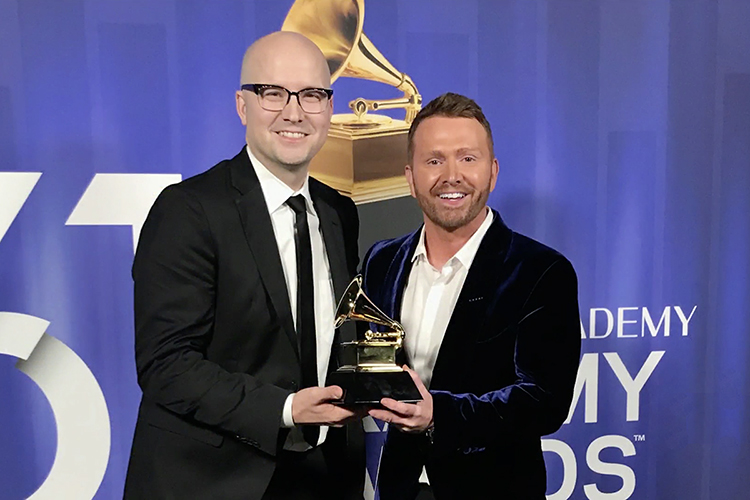 MTSU recording industry alumnus Luke Laird, left, celebrates his second Grammy win connected with country superstar Kacey Musgraves Sunday night, Feb. 11, at the Staples Center in Los Angeles as he accepts the best country song Grammy for "Space Cowboy" with co-writer Shane McAnally. Musgraves also was a co-writer on the song, part of her multi-Grammy-winning album "Golden Hour." Laird, a 2001 MTSU graduate, earned his first Grammy in 2013 for co-producing Musgraves' debut CD, “Same Trailer Different Park,” and has been nominated for three previous songwriting Grammys as well as for producing Musgraves' second album, "Pageant Material." (Photo courtesy of the 61st Annual Grammy Awards)
