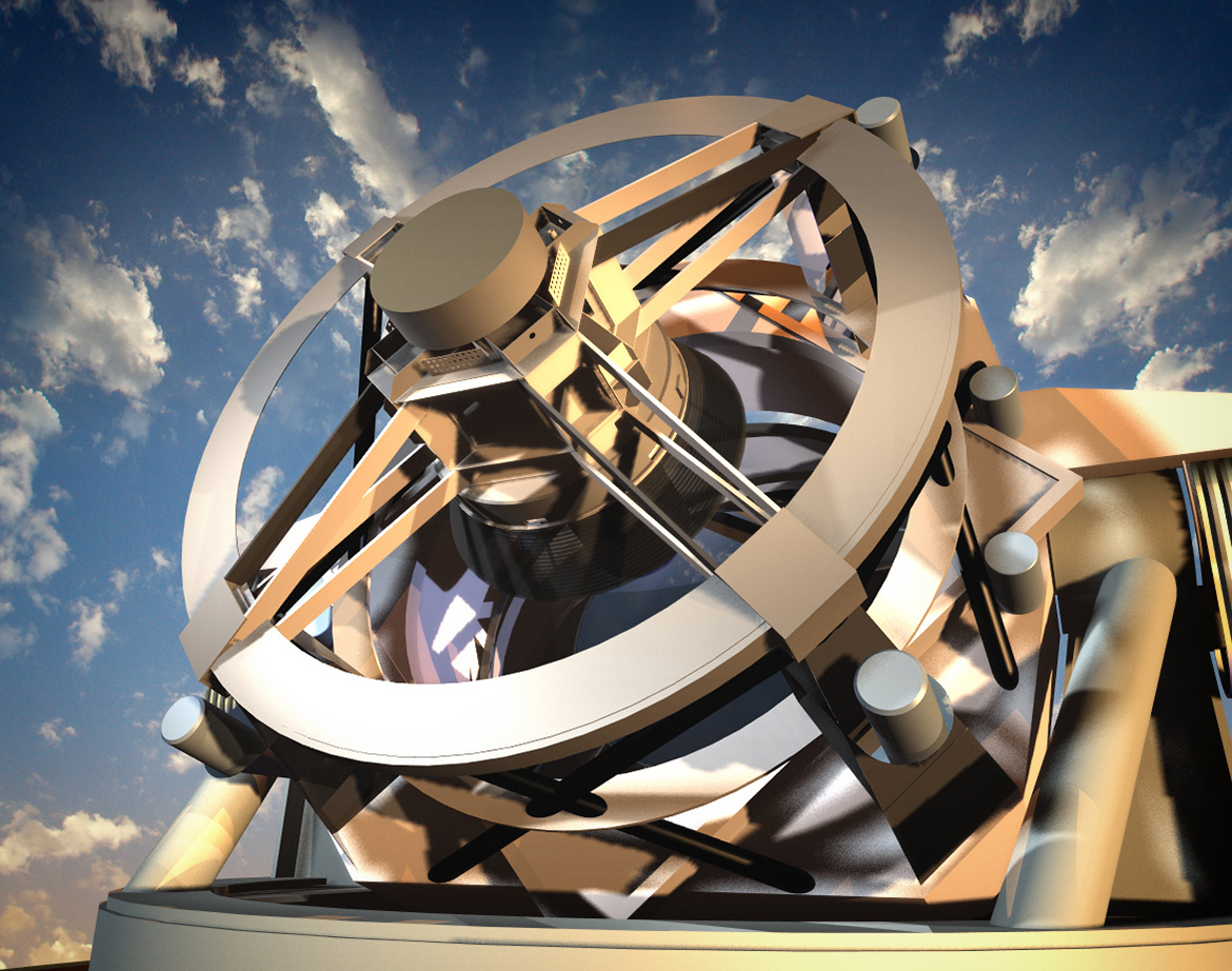 An artist’s conception showing the Large Synoptic Survey Telescope from a vantage point on the telescope platform. The new telescope will be the topic of Department of Physics and Astronomy professor John Wallin’s 6:30 p.m. Friday, Nov. 3 Star Party talk. The public is invited to the free event. (Credit: Todd Mason, Mason Productions Inc./LSST Corporation)