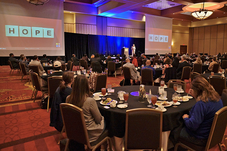 Author and executive leadership consultant Libby Gill gives her presentation on the importance of hope in the workplace on Friday, Oct. 28, at Embassy Suites in Murfreesboro as part of MTSU’s 2022 Leadership Summit: Innovative Leadership, hosted again by the Jennings A. Jones College of Business. (MTSU photo by Andy Heidt)