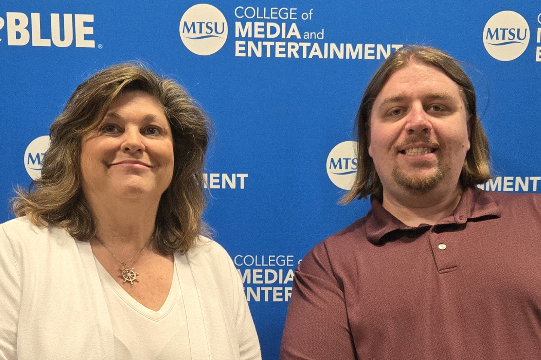 Lee Johns, a spring graduate from the College of Media and Entertainment at Middle Tennessee State University in Murfreesboro, Tenn., poses with his advisor Nancy Stubblefield ahead of his graduation with a degree in interactive media. Lee called Stubblefield “a lifesaver” in helping him as an adult learner who commuted six hours round trip twice a week from his home in Loretto, Tenn., to attend classes. (Photo submitted)