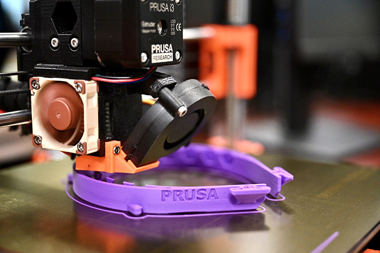 This is one of the 3D printers inside MTSU’s James E. Walker Library being used to make face shield headbands that will be shipped to the Tennessee Emergency Management Agency for distribution to health care workers treating coronavirus patients across the state. (MTSU photo by J. Intintoli)