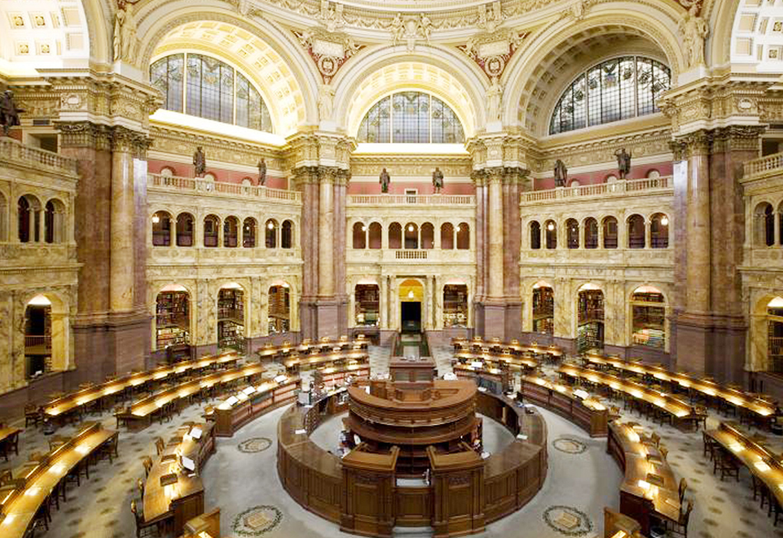 The main reading room in the Library of Congress in Washington, D.C., houses about 80,000 books within the alcoves — a small fraction of the 51 million catalogued books in the collections. (Photo by Carol M. Highsmith, courtesy of the Library of Congress Prints and Photographs Division)