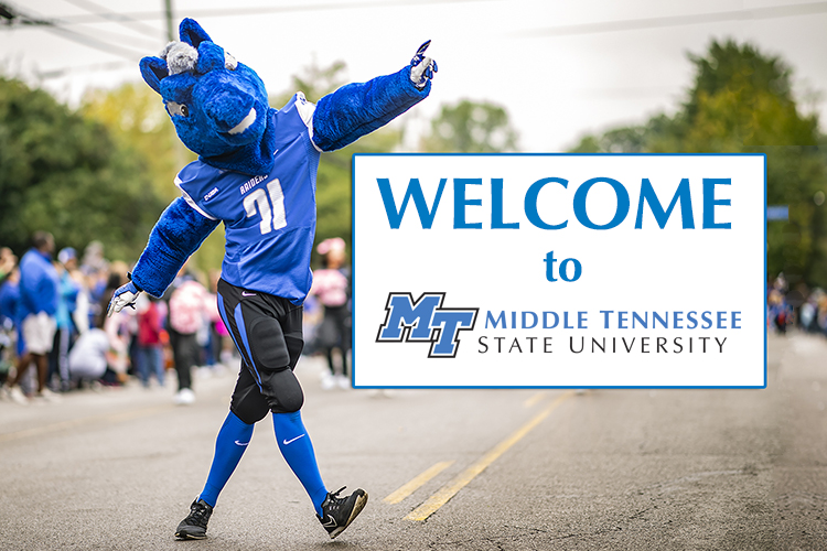 MTSU mascot Lightning strides across East Main Street in this file photo. Lightning and the rest of the university will be welcoming the 2021 TSSAA Division I high school basketball tournaments to campus March 10-13 and March 17-20. (MTSU file photo by Kimi Conro/photo illustration by News and Media Relations)