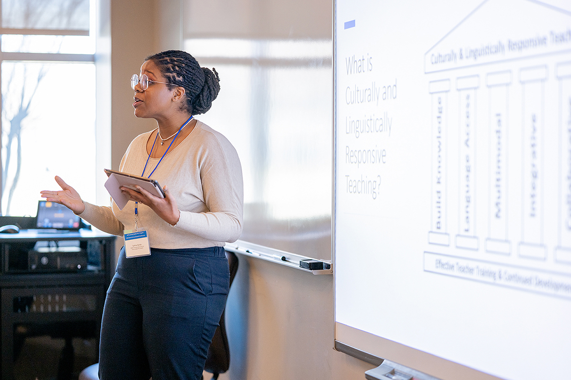 Middle Tennessee State University Literacy Studies graduate student Sydney Banda of Murfreesboro, Tenn., gives a presentation on “Culturally and Linguistically Responsive Teaching: Research to Practice Strategies for Teachers” at the 2025 Literacy Research Conference held March 1 on campus in Murfreesboro. (MTSU photo by Cat Curtis Murphy)