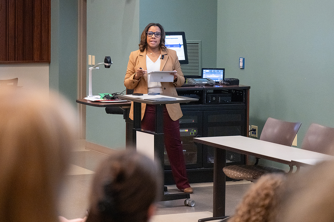 Literacy leader Kristen Wynn, head of the AIM Institute for Learning and Research, kicked off the 2025 Literacy Research Conference held March 1 at Middle Tennessee State University in Murfreesboro, Tenn., with a presentation on “Building Solid Literacy Infrastructure to Improve Outcomes for all Students.” (MTSU photo by Cat Curtis Murphy)