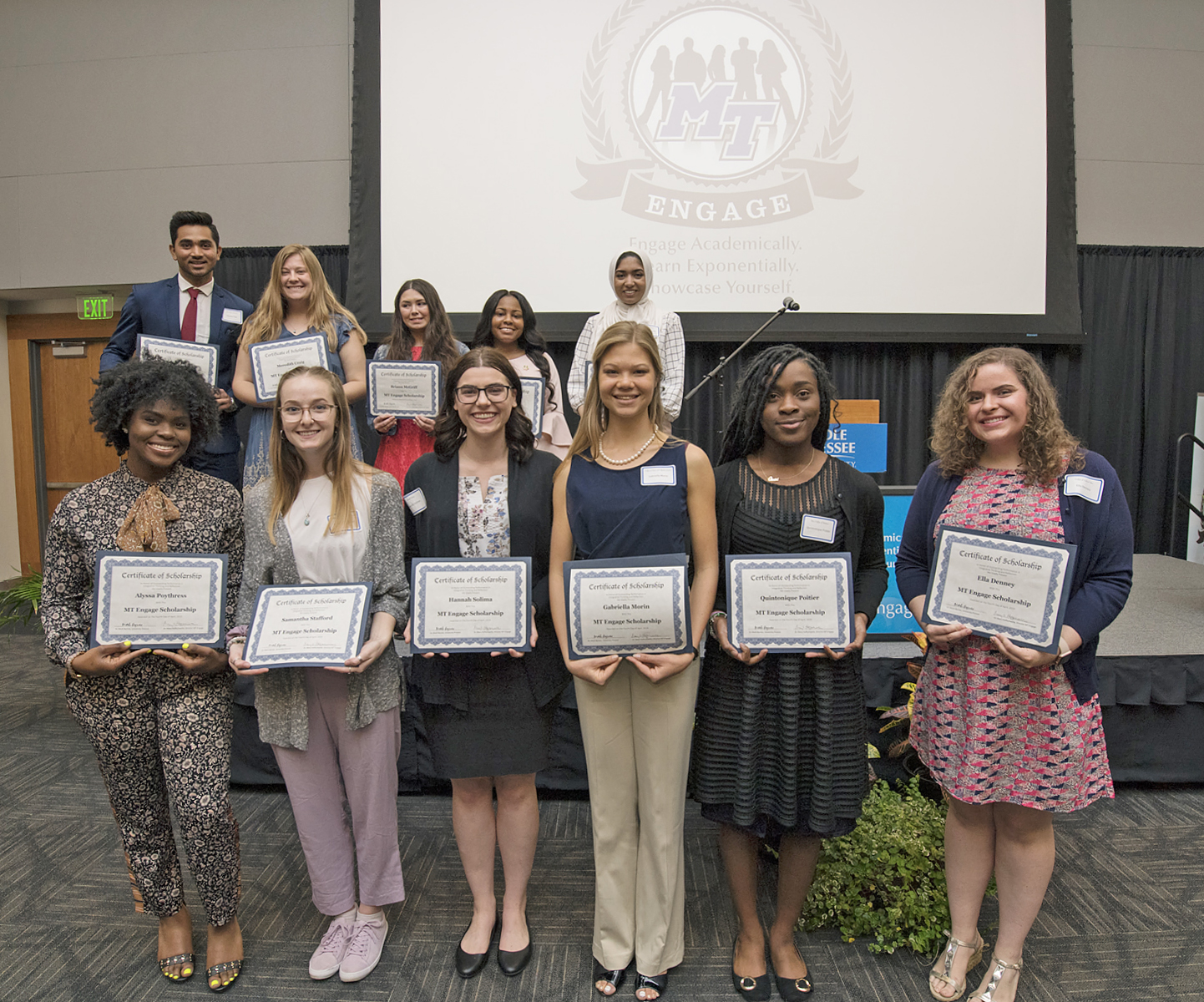 Scholarship winners were annnounced at the 2019 Spring MT Engage Reception held April 4 in the Student Union Ballroom. Pictured, front row from left, are Ayssa Poythress, Samantha Stafford, Hannah Solima (overall winner), Gabriella Morin, Quintonique Poitier and Ella Denney; back row from left, Kaushal Patel, Meredith Craig, Briann McGriff, Keturah Smith, and Alaa Mohammed. Not pictured is winner Rachel Woeltje. (MTSU photo by Andy Heidt)