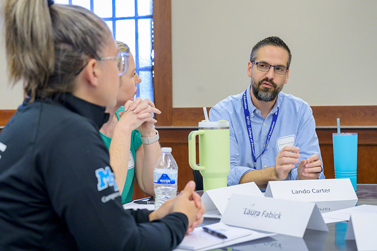 Lando Carter, associate professor in the College of Education, leads a group discussion during the MT Engage workshop held Sept. 29, 2023, featuring history professor and keynote speaker Peter Felten, co-author of “Relationship-Rich Education: How Human Connections Drive Success in College.” (MTSU photo by Andy Heidt)
