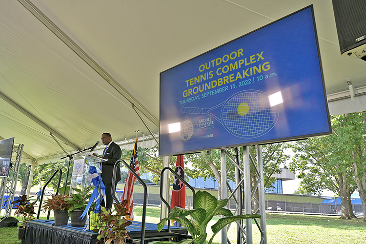 Middle Tennessee State University President Sidney A. McPhee thanks attendees for their support Thursday, Sept. 15, at the groundbreaking ceremony for the Blue Raiders' new outdoor tennis complex to be built near the corner of Middle Tennessee Boulevard and Greenland Drive where the current outdoor courts are located. (MTSU photo by Andy Heidt)