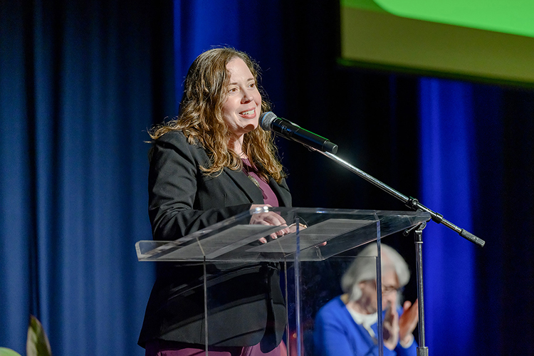 Julie Myatt, director of Middle Tennessee State University’s MT Engage program, gives remarks at an event celebrating the contributions of MT Engage faculty to the Quarterly Enhancement Plan in September 2022 at the James Union Building. (MTSU photo by James Cessna)