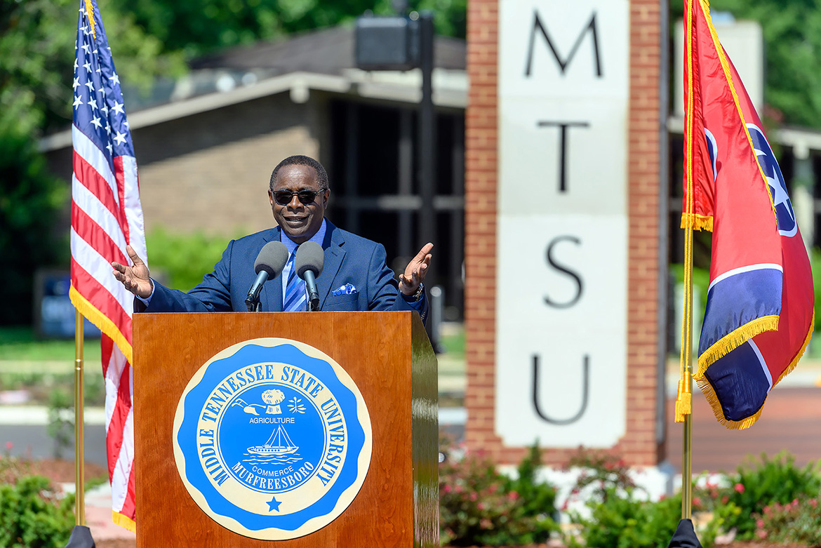 MTSU President Sidney A. McPhee gives remarks Friday, Aug. 2, at a ribbon-cutting ceremony to celebrate the completion of an $18.2 million renovation project to Middle Tennessee Boulevard. (MTSU photo by J. Intintoli)