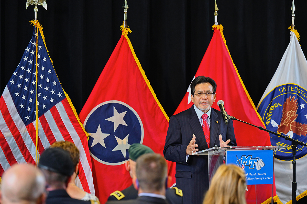 Former U.S. Attorney General Alberto Gonzales said the 20th anniversary of 9/11 “has been somewhat emotional for me … and I’m grateful for the remembrance of what happened that day,” Gonzales spoke during the seventh 9/11 Remembrance Saturday, Sept. 11, in the MTSU Tom H. Jackson Building’s Cantrell Hall. (MTSU photo by Cat Curtis Murphy)