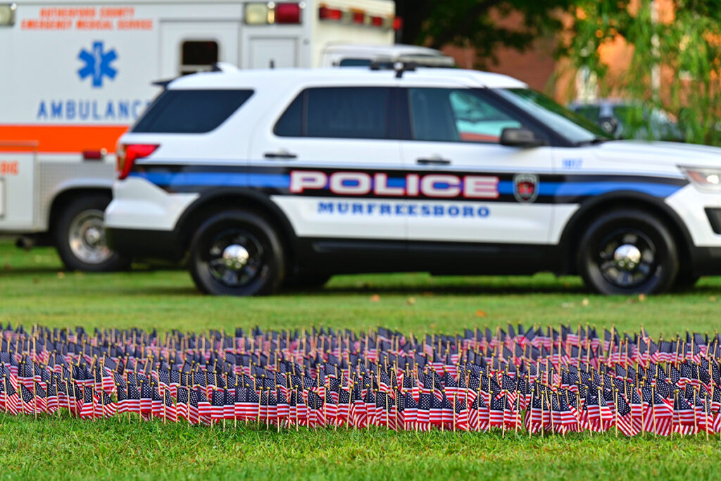 U.S. flags adorn the grounds outside the Tom H. Jackson Building and near the Veterans Memorial site, where the 9/11 Remembrance will be held starting at 7:30 a.m. Sunday, Sept. 11. The public is invited to the event in the Tom H. Jackson Building’s Cantrell Hall. (MTSU file photo by Cat Curtis Murphy)