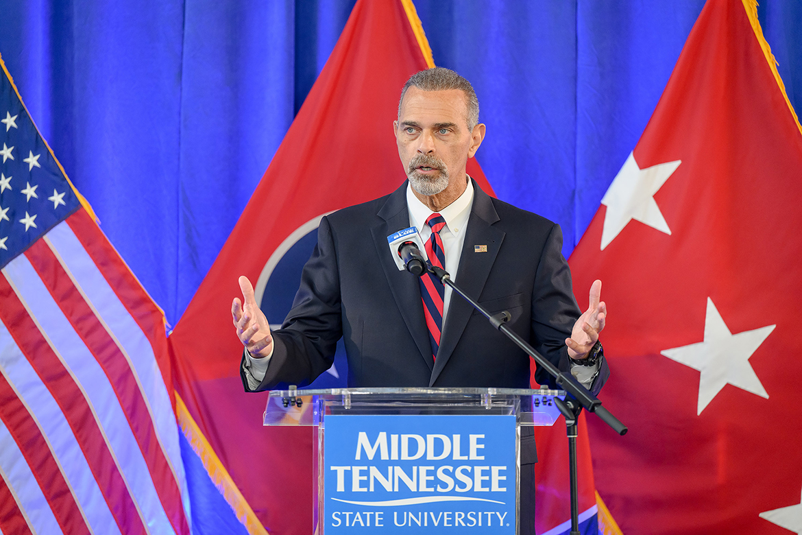 U.S. Navy veteran and retired U.S. Secret Service agent Roy Sexton discusses his career that included being lead for the team with President George W. Bush in Sarasota, Fla., when the attacks by the extremist group al-Qaida on U.S. landmarks unfolded on Sept. 11, 2001, during the 9/11 Remembrance on Thursday, Sept. 11, in the Middle Tennessee State University Miller Education Center’s second-floor atrium on Bell Street in Murfreesboro, Tenn. (MTSU photo by J. Intintoli)