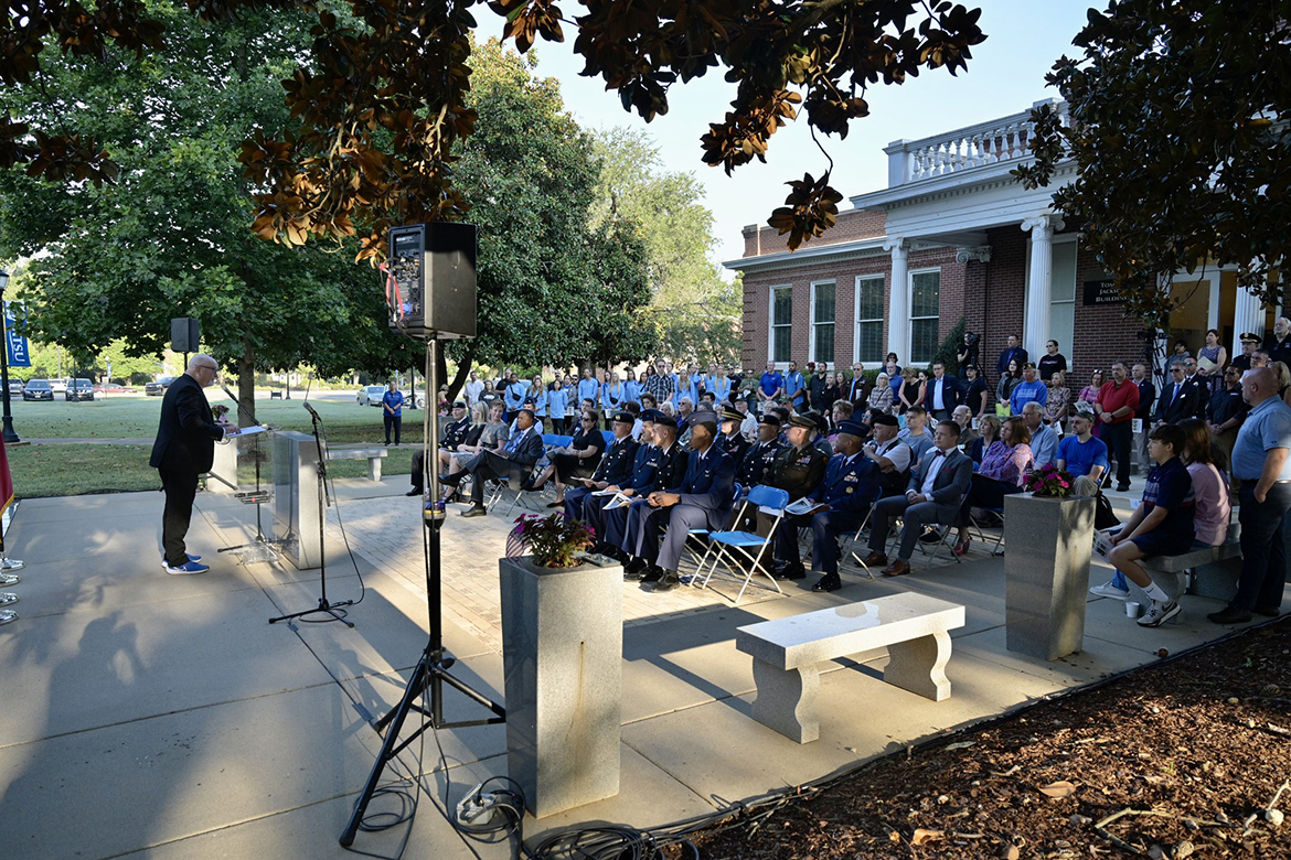 the 22nd anniversary of a series of four coordinated terrorist suicide attacks by the extremist group al-Qaida on U.S. landmarks, which occurred Sept. 11, 2001. The ceremony was held Monday, Sept. 11, at the MTSU Veterans Memorial outside the Tom H. Jackson Building. (MTSU photo by Andy Heidt)