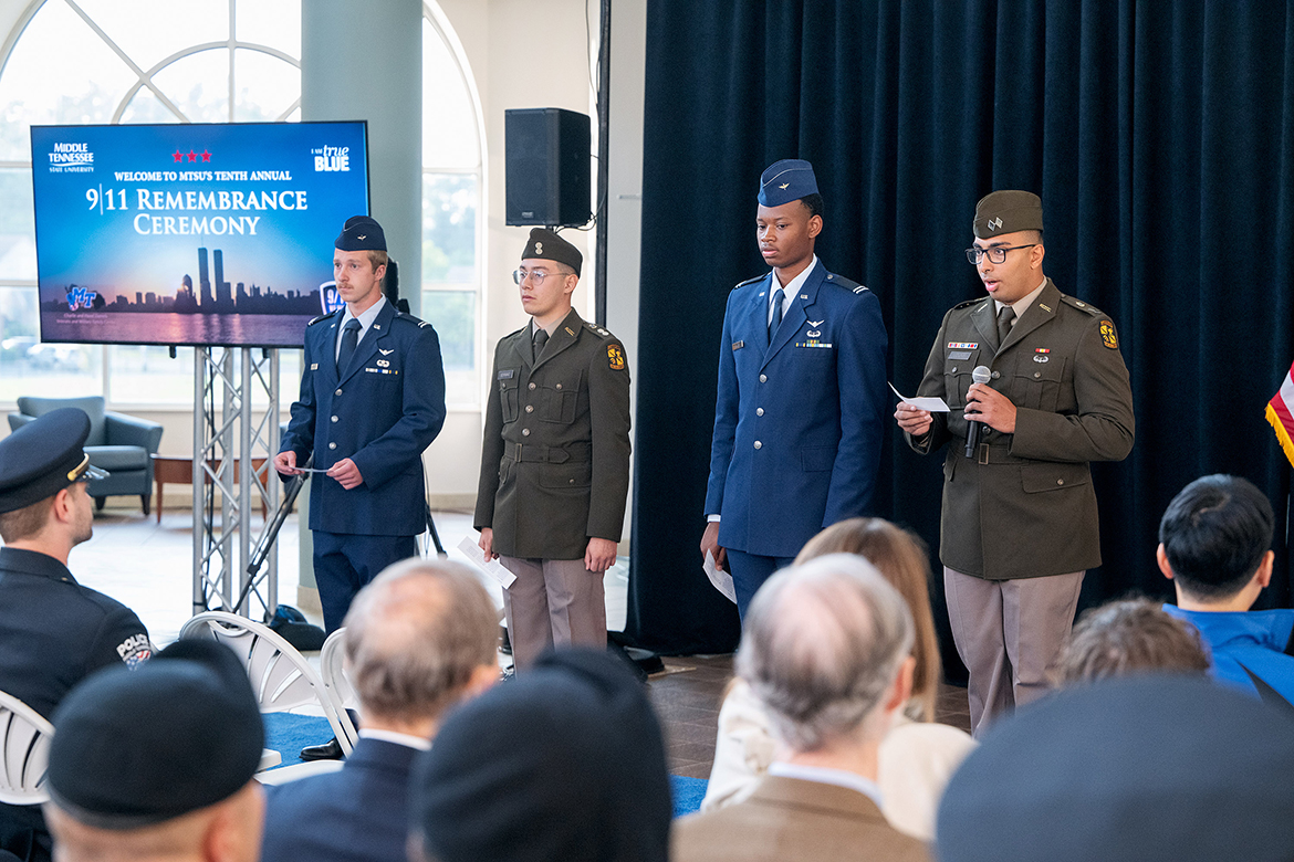 During the Middle Tennessee State University 9/11 Remembrance in September 2024, then-ROTC cadet George Jouny, right, of Mt. Juliet, Tenn., begins reading the timeline of the events surrounding the Sept. 11, 2011, series of attacks on U.S. landmarks by the terrorist group al-Qaida, as fellow cadets, from left, Marshall Graves of Knoxville, Tenn., Carlos Serrano of La Vergne, Tenn., and Keaton Allen of Clarksville, Tenn., wait their turn at the Miller Education Center on Bell Street in Murfreesboro, Tenn. MTSU will hold the 11th annual 9/11 Remembrance starting at 7:30 a.m. Thursday, Sept. 11, at Miller Education Center, and the public’s invited. (MTSU file photo by Andy Heidt)