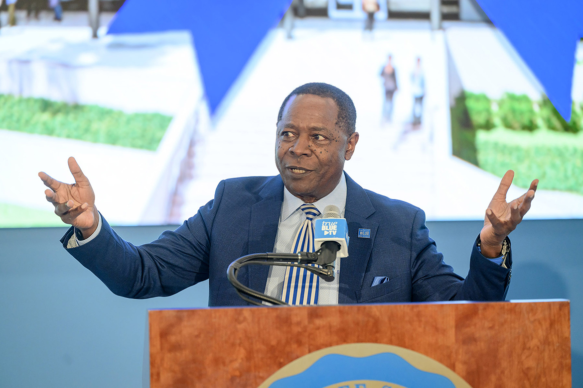 In front of a capacity crowd in a large classroom, Middle Tennessee State University President Sidney A. McPhee thanks all those involved with the planning, financial support, construction, industry partners and more for the new Applied Engineering Building Wednesday, Aug. 6, in Murfreesboro, Tenn., as part of the ribbon cutting ceremony. (MTSU photo by J. Intintoli)
