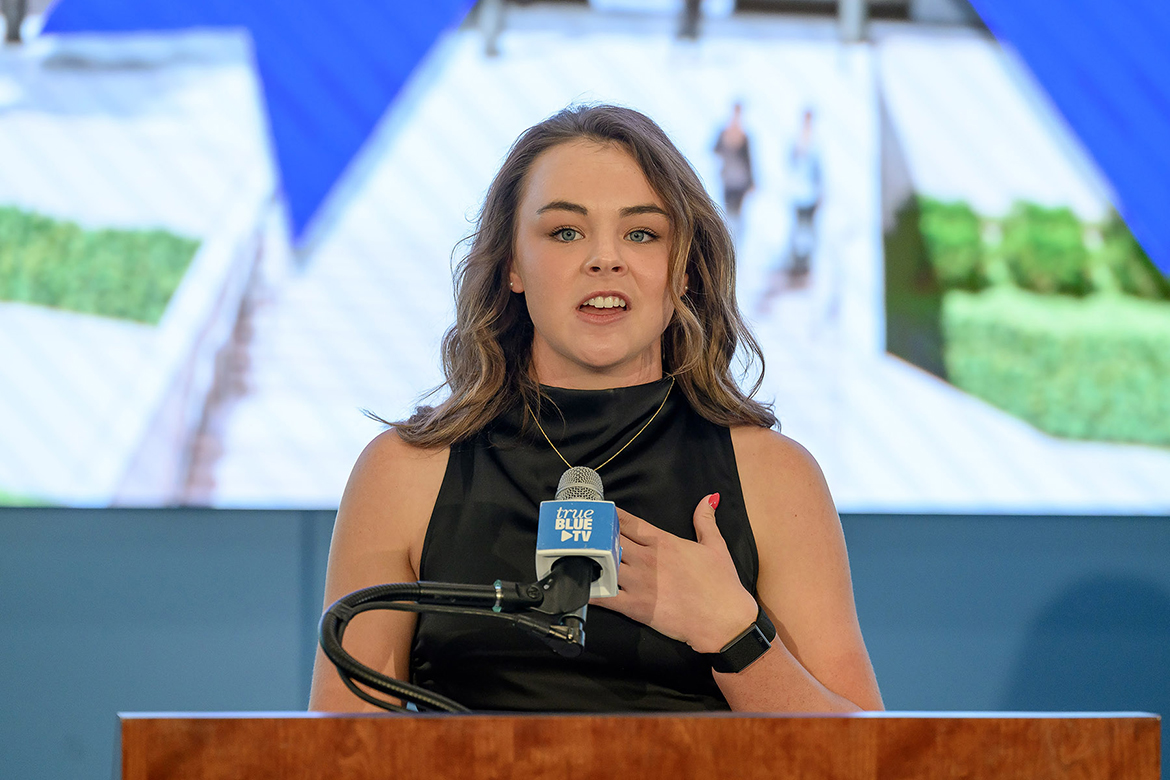 Middle Tennessee State University graduate student and spring mechatronics engineering graduate Abbie Lee of Glasgow, Ky., passionately shares what the new Applied Engineering Building will mean to current and future students during the ribbon-cutting ceremony Wednesday, Aug. 6, in the 90,000-square-foot, $74.8 million facility featuring cutting-edge technology on the east side of campus in Murfreesboro, Tenn. (MTSU photo by J. Intintoli)