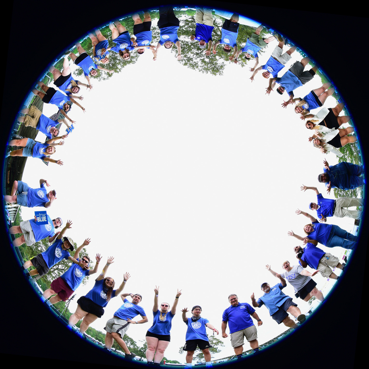 Some of the student, faculty and staff members of MTSU's team at the 2023 Bonnaroo Arts and Music in Manchester, Tenn., pose for this special group photo Wednesday, June 14. (MTSU photo by Jonathan Trundle)