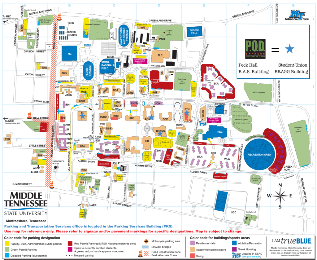 Map of MTSU Campus with blue stars placed where Campus PODs are located
