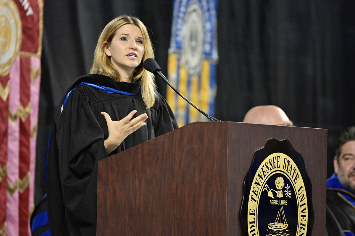 Author and historian Tara Westover addresses the crowd of more than 5,000 people at the 18th University Convocation. Westover spoke Saturday, Aug. 24, in Murphy Center. “Don’t mistake the middle of your story for the end,” Westover said. And regarding passions in your life, “take your passion seriously before you turn your back on that because you don’t necessarily know where your passion will take you.” (MTSU photo by Andy Heidt)