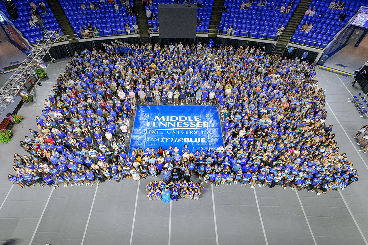 New Middle Tennessee State University freshmen and transfer students pose for their first class photo on the court in Murphy Center in Murfreesboro, Tenn., following the annual University Convocation held in August 2024. Thousands of students and their family members are expected to attend the 24th annual Convocation at 4 p.m. Saturday, Aug. 23, in Murphy Center. (MTSU file photo by J. Intintoli)