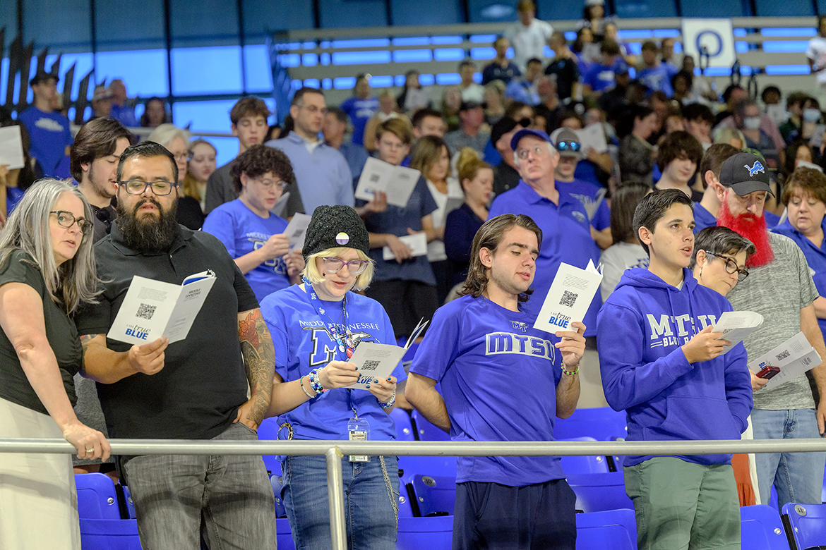 New Middle Tennessee State University students and family members recite the “True Blue Pledge” of core values in August 2024 during the annual university Convocation in Murphy Center on campus in Murfreesboro, Tenn. More than 5,000 people, including about 3,500 new students, will be attending this year’s Convocation, the official start of the MTSU academic year, at 4 p.m. Saturday, Aug. 23, in Murphy Center. (MTSU file photo by J. Intintoli)