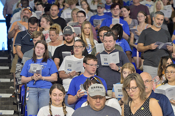 Part of more than 3,000 people in attendance, new Middle Tennessee State University students and their parents and family members recite the True Blue Pledge during University Convocation in Murphy Center in August 2023 in Murfreesboro, Tenn. The 23rd annual University Convocation will be held starting at 2 p.m. Saturday, Aug. 24, in Murphy Center. (MTSU file photo by Andy Heidt)