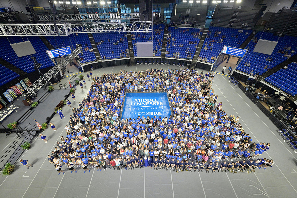 Middle Tennessee State University’s Class of 2027 and new transfer students gather on the court in Monte Hale Arena in Murphy Center to pose for a class photograph following the 22nd annual University Convocation in August 2023 in Murfreesboro, Tenn. This year, new students will hear from Firoozeh Dumas, author of “Laughing Without an Accent: Adventures of a Global Citizen,” the summer reading book for new students, during the Saturday, Aug. 24, event to start the 2024-25 academic year. (MTSU file photo by Andy Heidt)