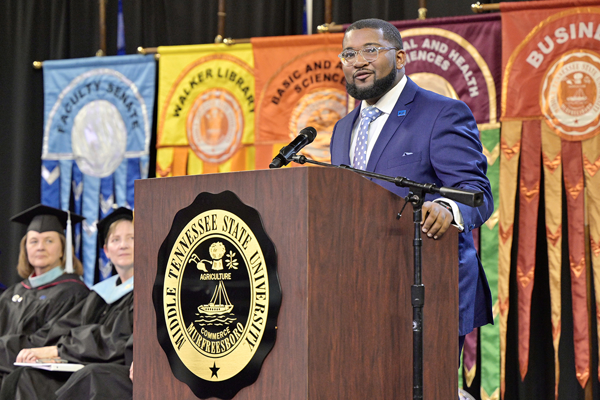 Middle Tennessee State University Student Government Association President Michai Mosby welcomes new students in August 2023 during the 22nd annual University Convocation in Murphy Center in Murfreesboro, Tenn. In his second term as SGA president, Mosby, a senior from Memphis, Tenn., will again address new students at this year’s Convocation starting at 2 p.m. Saturday, Aug. 24, in Murphy Center. (MTSU file photo by Andy Heidt)