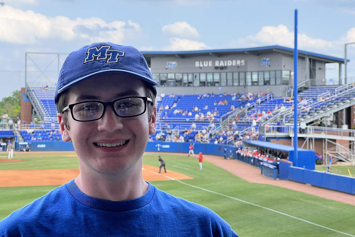 When not in aerospace classes or labs, Middle Tennessee State University May graduate Emerson O’Rourke showed his support for Blue Raider athletics by attending baseball and football games on campus in Murfreesboro, Tenn. O’Rourke will be spending five years working with a research group at the University of Notre Dame in South Bend, Ind. (Submitted photo)