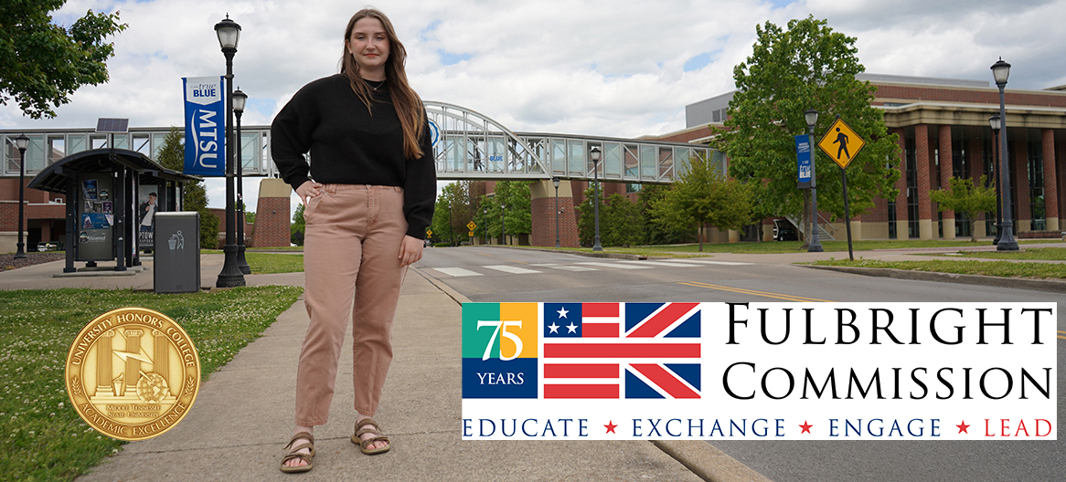 Shown in the heart of the Middle Tennessee State University campus on Blue Raider Drive between the Student Union and the Student Services and Admissions Center, Victoria Grigsby of Taft, Tenn., will attend the Fulbright Summer Institute in Wales for three weeks this summer. A political science major, Grigsby has a double minor in economics and German and is an Honors College student. (MTSU photo Robin E. Lee)