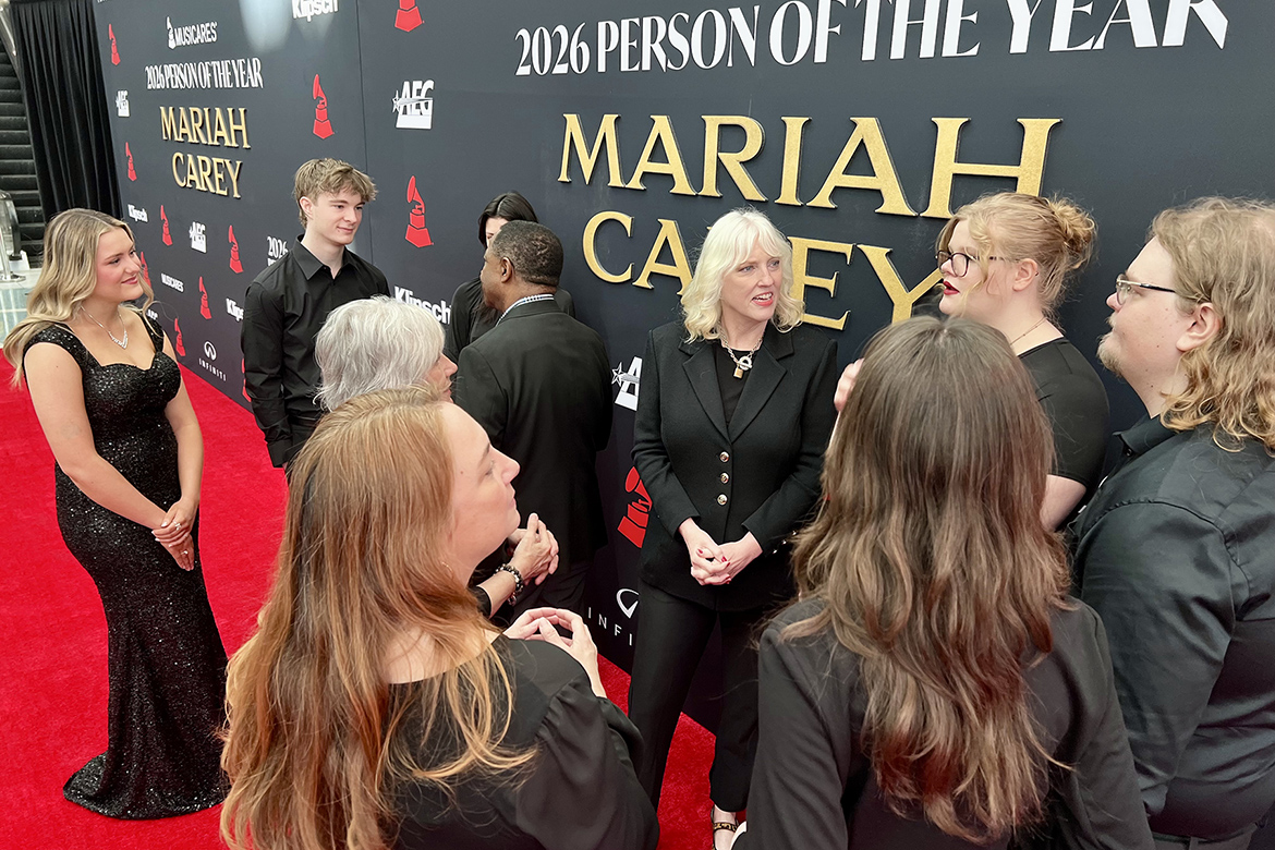 MTSU President Sidney A. McPhee and Beverly Keel, dean of the Scott Borchetta College of Media and Entertainment, chat with students and faculty and staff on the red carpet Friday, Jan. 30, in Los Angeles at the MusiCares 2026 Person of the Year gala honoring Mariah Carey, part of the university’s 12th annual trip for the Grammy Awards. The delegation is taking part in events before and during the 68th annual Grammy Awards on Sunday. (MTSU photo by Andrew Oppmann)