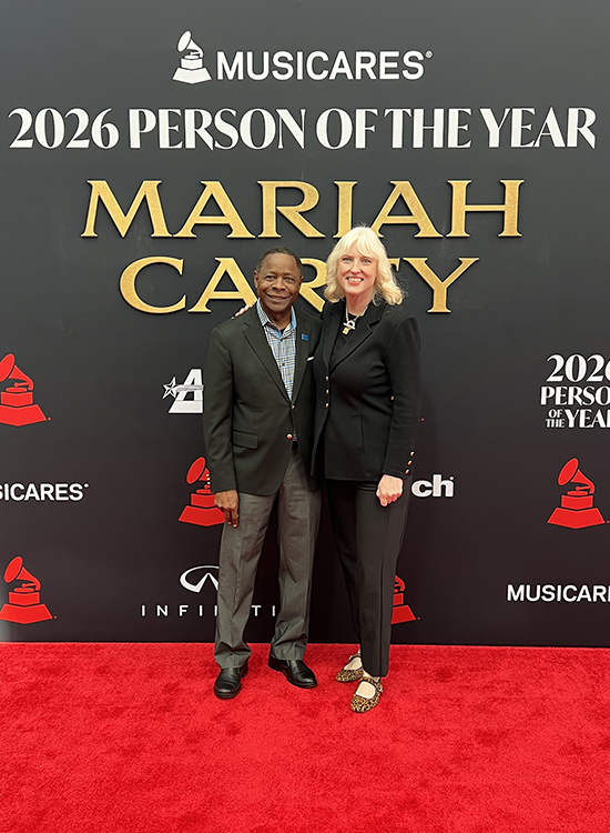 MTSU President Sidney A. McPhee, left, and Beverly Keel, dean of the Scott Borchetta College of Media and Entertainment, pause for a photo on the red carpet Friday, Jan. 30, in Los Angeles at the MusiCares 2026 Person of the Year gala honoring Mariah Carey, part of the university’s 12th annual trip for the Grammy Awards. The MTSU delegation, which included six students and support staff, is taking part in events before and during the 68th annual Grammy Awards on Sunday. (MTSU photo by Andrew Oppmann)