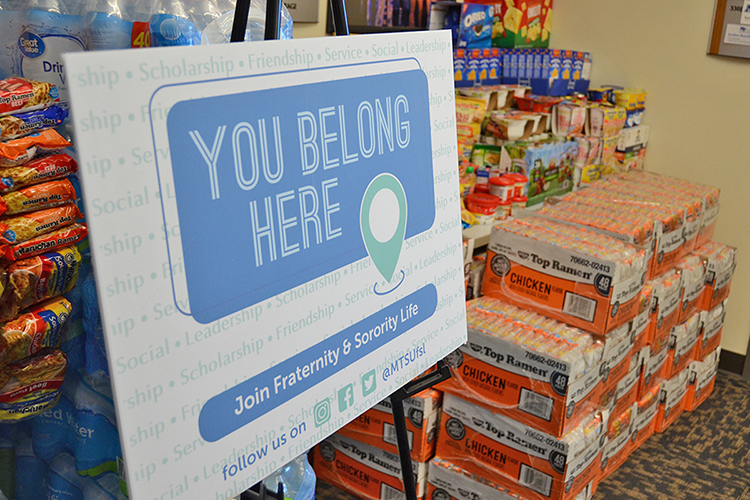 Donated food items from this year’s Greek Week food drive await pickup to be transported to the Student Food Pantry located inside MT One Stop. (MTSU photo by Jimmy Hart)