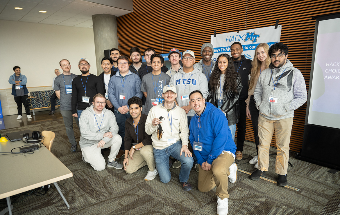 Tennessee State University Computer Science HackMT event in the MTSU Science Building. The group collaborated on an extensive school search/college finder with more than 6,800 colleges included in the data. (MTSU photo by James Cessna)