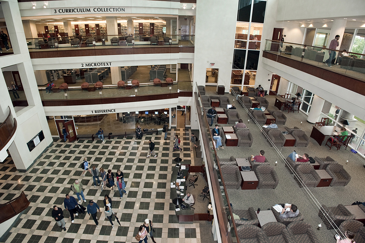Students, faculty, staff and guests circulate among three of the four floors of MTSU's James E. Walker Library in this file photo. The facility is celebrating its 20th anniversary this fall and conducting a special fundraiser, the "20 for 20" campaign, to expand services for the university community. (MTSU file photo by J. Intintoli)