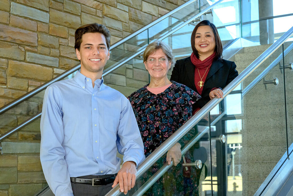 Bradley Gentry, left, Jane Wilson and Cathy Rubin pose during the MTSU Master of Science in Professional Science presentations Dec. 2 in the Science Building. Gentry, who will graduate next May, interned at Delcato in California; Wilson interned at Hap & Harry’s Brewing Company in Nashville, Tenn.; , and Rubin interned with the Tennessee Department of Agriculture at the Ellington Agricultural Center in Nashville. (MTSU photo by J. Intintoli)