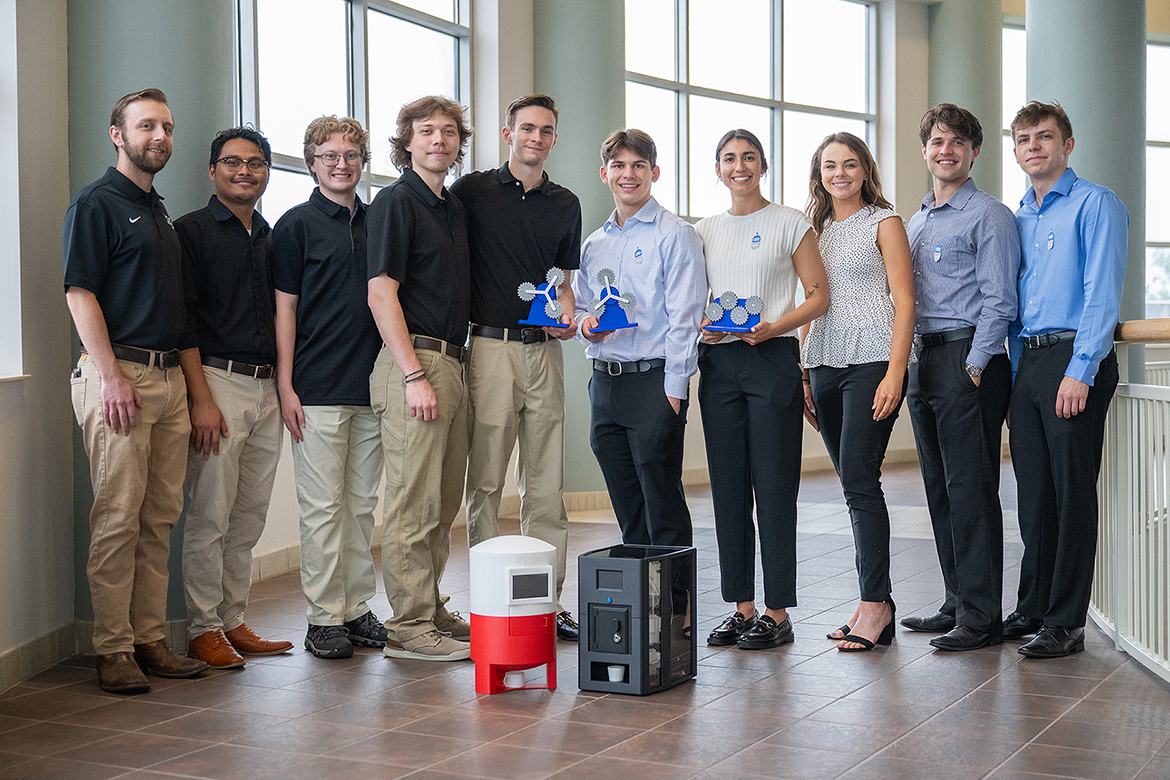 The “I Pill Good” (group on left) and “Medimonitor” teams shared first place during the Middle Tennessee State University Engineering Technology Mech-Tech Mechanical awards at the Miller Education Center on Bell Street in Murfreesboro, Tenn., in early May. “I Pill Good” team members included Hunter Hill, Karl Basbas, Michael Nixon, Erik Nilsson and Kenneth Evans; “Medimonitor” team members included Sam Apigian, Sabrina White, Abigail Lee, Samuel Dunn and John White. (MTSU photo by Cat Curtis Murphy)
