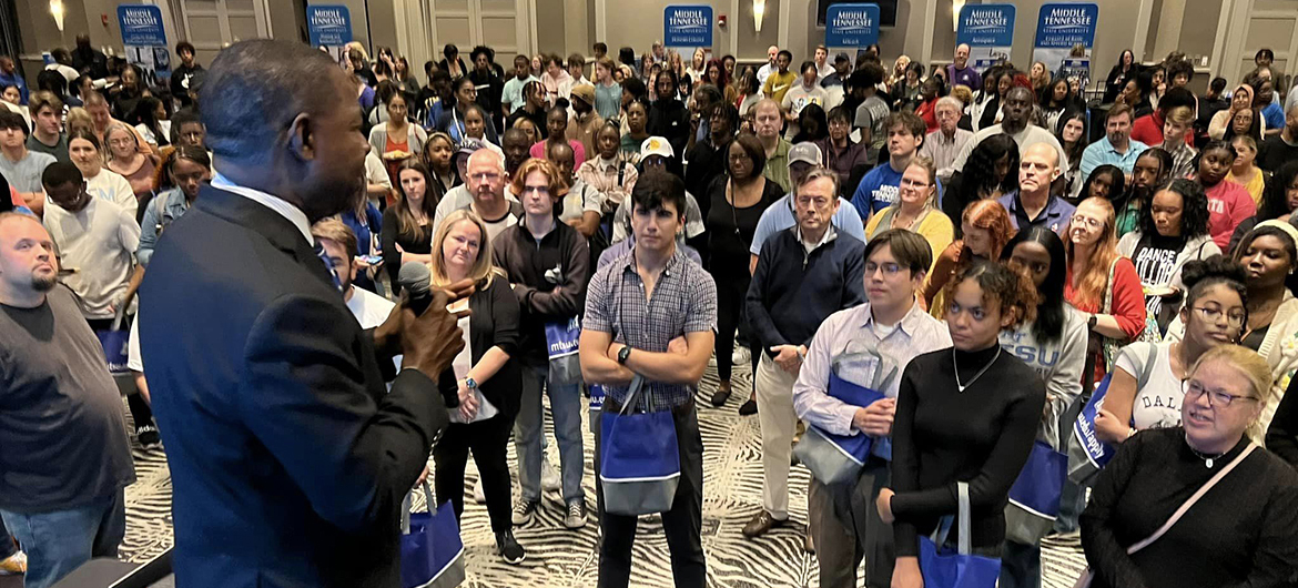 Middle Tennessee State University President Sidney A. McPhee speaks to the audience attending the MTSU True Blue Tour prospective student recruiting event held recently at Esplande Memphis in Cordova, Tenn. MTSU returns to Memphis Oct. 28 for the True Blue Tour event at Esplanade Memphis in Cordova. (MTSU file photo by Andrew Oppmann)