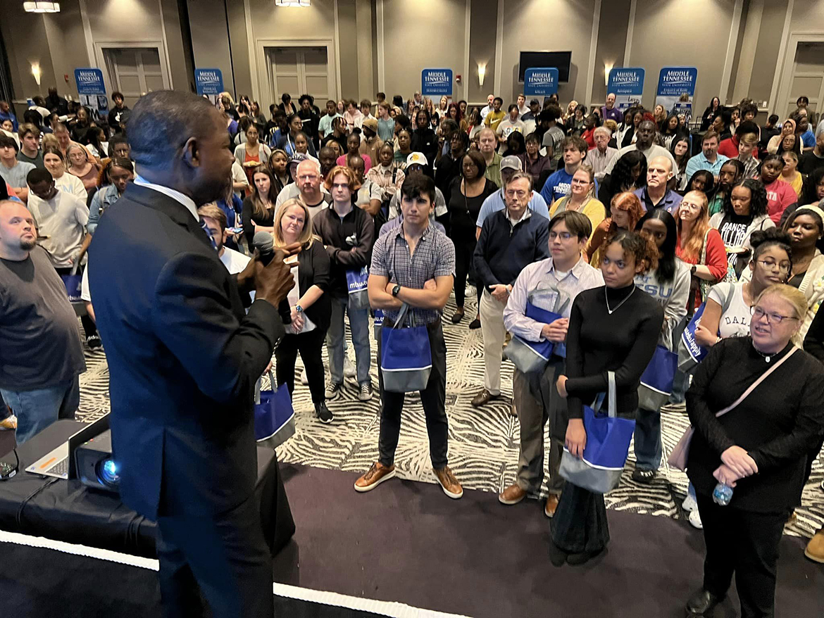 Middle Tennessee State University President Sidney A. McPhee speaks to the audience attending the MTSU True Blue Tour prospective student recruiting event held recently at Esplande Memphis in Cordova, Tenn. Htold them about the benefits, affordability, 300 academic programs and more. (MTSU photo by Andrew Oppmann)
