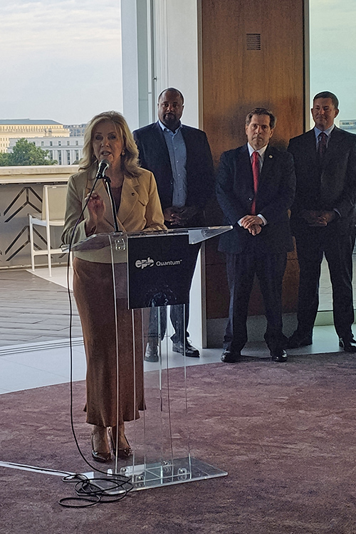 U.S. Sen. Marsha Blackburn of Tennessee speaks at a reception titled “Tennessee: America’s Next Quantum Technology Hub,” held in mid-September in Washington, D.C. Attending the reception representing Middle Tennessee State University were Greg Van Patten, dean of Basic and Applied Sciences, and Hanna Terletska, director of MTSU’s Quantum Science Initiative. Also attending from Tennessee’s Congressional delegation were U.S. Sen. Bill Hagerty and Congressman Chuck Fleischmann. (Submitted photo)